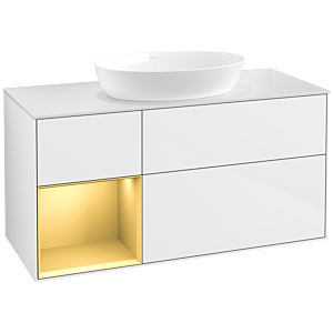 Villeroy et Boch Finion Villeroy et Boch FA61HFGF 120cm, plaque de recouvrement blanc mat, étagères laqué or mat, laqué blanc brillant