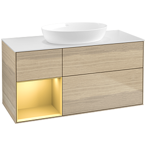 Villeroy und Boch Finion Waschtischunterschrank FA61HFPC 120cm, Abdeckplatte white matt, Regale Gold matt lacquer, Oak Veneer