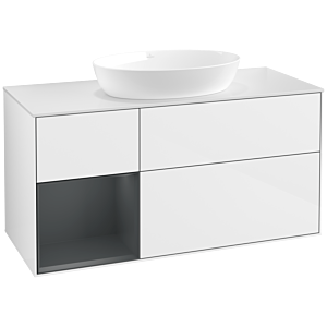 Villeroy et Boch Finion Villeroy et Boch FA61HGGF 120cm, plaque de recouvrement blanc mat, étagères laqué mat Midnight, laqué blanc brillant