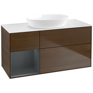 Villeroy und Boch Finion Waschtischunterschrank FA61HGGN 120cm, Abdeckplatte white matt, Regale Midnight matt lacquer, Walnut veneer