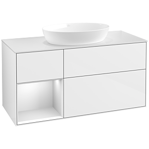 Villeroy et Boch Finion Villeroy et Boch FA61MTGF 120cm, plaque de recouvrement blanc mat, étagères laqué blanc mat, laqué blanc brillant