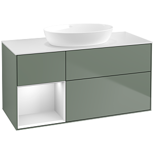 Villeroy und Boch Finion Waschtischunterschrank FA61MTGM 120cm, Abdeckplatte white matt, Regale White matt lacquer, Olive Matt Lacquer