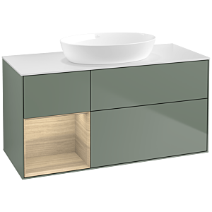Villeroy und Boch Finion Waschtischunterschrank FA61PCGM 120cm, Abdeckplatte white matt, Regale Oak Veneer, Olive Matt Lacquer