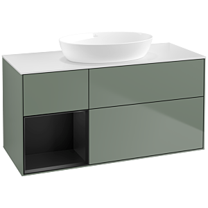 Villeroy et Boch Finion Villeroy et Boch FA61PDGM 120cm, plaque de recouvrement blanc mat, étagères laqué noir mat, Olive Matt Lacquer