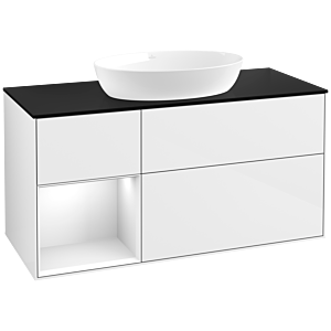 Villeroy et Boch Finion Villeroy et Boch FA62GFGF 120cm, plaque de recouvrement noir mat, étagères Laque blanche brillante, Laque blanche brillante