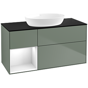 Villeroy und Boch Finion Waschtischunterschrank FA62GFGM 120cm, Abdeckplatte black matt, Regale Glossy white lacquer, Olive Matt Lacquer