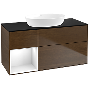 Villeroy und Boch Finion Waschtischunterschrank FA62GFGN 120cm, Abdeckplatte black matt, Regale Glossy white lacquer, Walnut veneer
