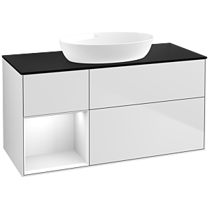 Villeroy und Boch Finion Waschtischunterschrank FA62GFMT 120cm, Abdeckplatte black matt, Regale Glossy white lacquer, White matt lacquer