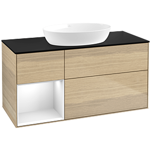 Villeroy und Boch Finion Waschtischunterschrank FA62GFPC 120cm, Abdeckplatte black matt, Regale Glossy white lacquer, Oak Veneer
