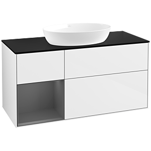 Villeroy et Boch Finion Villeroy et Boch FA62GKGF 120cm, plaque de recouvrement noir mat, étagères laqué anthracite mat, laqué blanc brillant