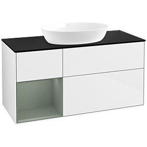 Villeroy et Boch Finion Villeroy et Boch FA62GMGF 120cm, plaque de recouvrement noir mat, étagères laqué olive mat, laqué blanc brillant