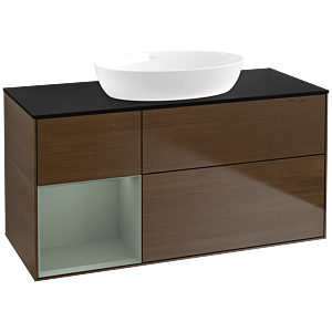 Villeroy und Boch Finion Waschtischunterschrank FA62GMGN 120cm, Abdeckplatte black matt, Regale Olive matt lacquer, Walnut veneer