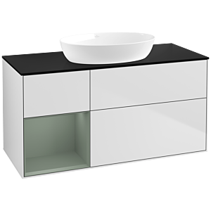 Villeroy und Boch Finion Waschtischunterschrank FA62GMMT 120cm, Abdeckplatte black matt, Regale Olive matt lacquer, White matt lacquer