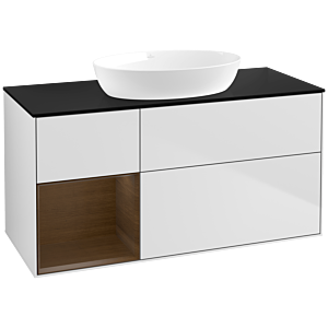 Villeroy und Boch Finion Waschtischunterschrank FA62GNMT 120cm, Abdeckplatte black matt, Regale Walnut Veneer, White matt lacquer