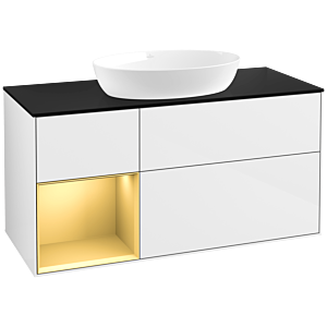 Villeroy et Boch Finion Villeroy et Boch FA62HFGF 120cm, plaque de recouvrement noir mat, étagères laqué or mat, laqué blanc brillant