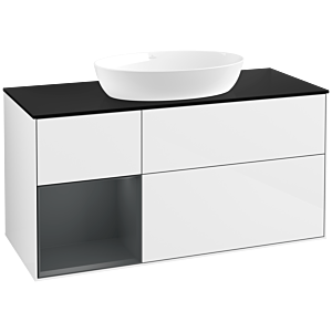 Villeroy und Boch Finion Waschtischunterschrank FA62HGGF 120cm, Abdeckplatte black matt, Regale Midnight matt lacquer, Glossy white lacquer