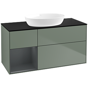 Villeroy und Boch Finion Waschtischunterschrank FA62HGGM 120cm, Abdeckplatte black matt, Regale Midnight matt lacquer, Olive Matt Lacquer