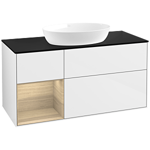 Villeroy und Boch Finion Waschtischunterschrank FA62PCGF 120cm, Abdeckplatte black matt, Regale Oak Veneer, Glossy white lacquer