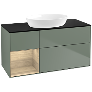 Villeroy und Boch Finion Waschtischunterschrank FA62PCGM 120cm, Abdeckplatte black matt, Regale Oak Veneer, Olive Matt Lacquer