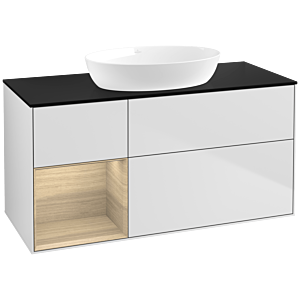 Villeroy und Boch Finion Waschtischunterschrank FA62PCMT 120cm, Abdeckplatte black matt, Regale Oak Veneer, White matt lacquer
