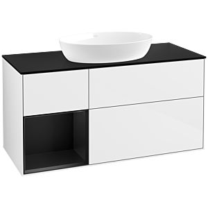 Villeroy und Boch Finion Waschtischunterschrank FA62PDGF 120cm, Abdeckplatte black matt, Regale Black matt lacquer, Glossy white lacquer