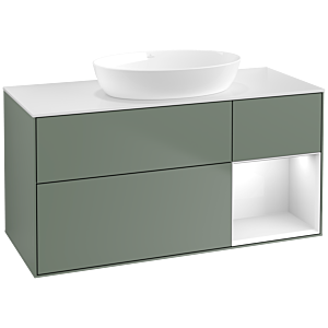 Villeroy et Boch Finion Villeroy et Boch FA71GFGM 120cm, plaque de recouvrement blanc mat, étagères Laque blanche brillante, Olive Matt Lacquer