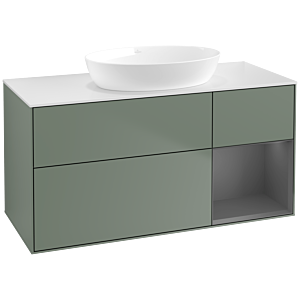 Villeroy et Boch Finion Villeroy et Boch FA71GKGM 120cm, plaque de recouvrement blanc mat, étagères laqué mat anthracite, Olive Matt Lacquer