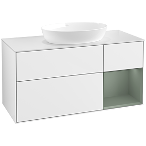 Villeroy und Boch Finion Waschtischunterschrank FA71GMGF 120cm, Abdeckplatte white matt, Regale Olive matt lacquer, Glossy white lacquer