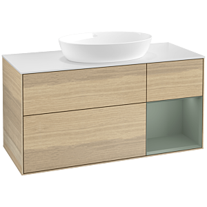 Villeroy et Boch Finion Villeroy et Boch FA71GMPC 120cm, plaque de recouvrement blanc mat, étagères laqué olive mat, Oak Veneer