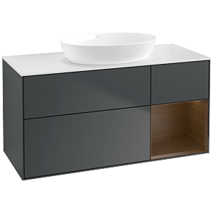 Villeroy und Boch Finion Waschtischunterschrank FA71GNHG 120cm, Abdeckplatte white matt, Regale Walnut Veneer, Midnight Blue Matt Lacquer