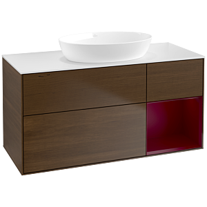 Villeroy und Boch Finion Waschtischunterschrank FA71HBGN 120cm, Abdeckplatte white matt, Regale Peony matt lacquer, Walnut veneer