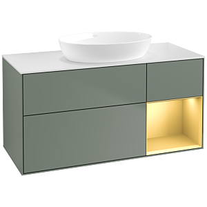 Villeroy et Boch Finion Villeroy et Boch FA71HFGM 120cm, plaque de recouvrement blanc mat, étagères laqué mat or, Olive Matt Lacquer