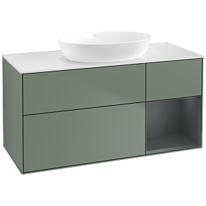 Villeroy und Boch Finion Waschtischunterschrank FA71HGGM 120cm, Abdeckplatte white matt, Regale Midnight matt lacquer, Olive Matt Lacquer