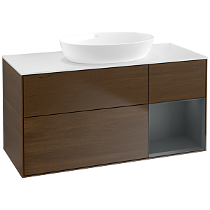 Villeroy und Boch Finion Waschtischunterschrank FA71HGGN 120cm, Abdeckplatte white matt, Regale Midnight matt lacquer, Walnut veneer