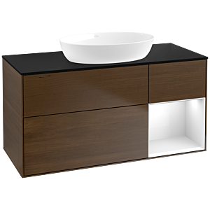 Villeroy et Boch Finion Villeroy et Boch FA72GFGN 120cm, plaque de recouvrement noir mat, étagères laqué blanc brillant, placage noyer
