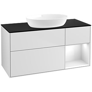 Villeroy et Boch Finion Villeroy et Boch FA72GFMT 120cm, plaque de recouvrement noir mat, étagères laqué blanc brillant, laqué blanc mat