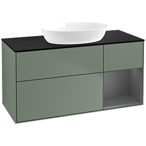 Villeroy et Boch Finion FA72GKGM 120cm, plaque de recouvrement noire mate, étagères Olive Matt Lacquer anthracite mat, Olive Matt Lacquer