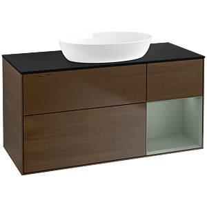 Villeroy et Boch Finion Villeroy et Boch FA72GMGN 120cm, plaque de recouvrement noir mat, étagères laqué olive mat, placage noyer