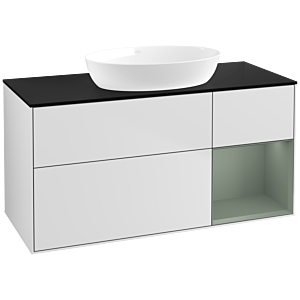 Villeroy et Boch Finion Villeroy et Boch FA72GMMT 120cm, plaque de recouvrement noir mat, étagères laqué olive mat, laqué blanc mat