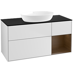 Villeroy und Boch Finion Waschtischunterschrank FA72GNMT 120cm, Abdeckplatte black matt, Regale Walnut Veneer, White matt lacquer