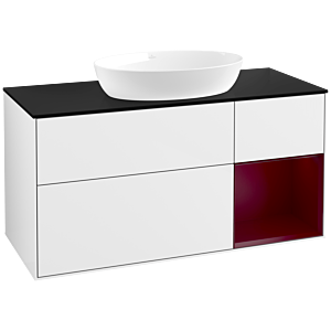 Villeroy und Boch Finion Waschtischunterschrank FA72HBGF 120cm, Abdeckplatte black matt, Regale Peony matt lacquer, Glossy white lacquer