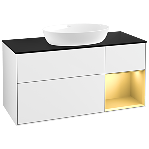 Villeroy und Boch Finion Waschtischunterschrank FA72HFGF 120cm, Abdeckplatte black matt, Regale Gold matt lacquer, Glossy white lacquer