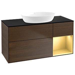 Villeroy und Boch Finion Waschtischunterschrank FA72HFGN 120cm, Abdeckplatte black matt, Regale Gold matt lacquer, Walnut veneer