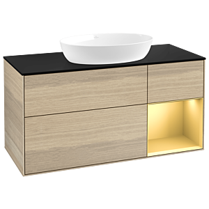 Villeroy und Boch Finion Waschtischunterschrank FA72HFPC 120cm, Abdeckplatte black matt, Regale Gold matt lacquer, Oak Veneer