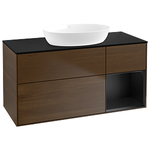 Villeroy und Boch Finion Waschtischunterschrank FA72PDGN 120cm, Abdeckplatte black matt, Regale Black matt lacquer, Walnut veneer