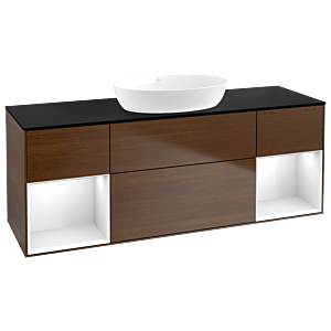 Villeroy und Boch Finion Waschtischunterschrank FD02GFGN 120cm, Abdeckplatte black matt, Regale Glossy white lacquer, Walnut veneer