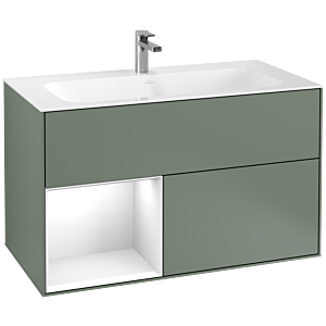 Villeroy und Boch Finion Waschtischunterschrank G030GFGM 99,6x59,1cm, Wandbeleuchtung, Regal links Glossy white lacquer, Olive Matt Lacquer