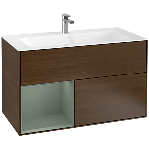Villeroy und Boch Finion Waschtischunterschrank G030GMGN 99,6x59,1cm, Wandbeleuchtung, Regal links Olive Matt Lacquer, Walnut veneer