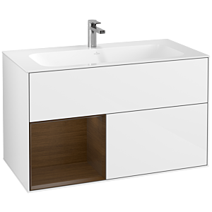 Villeroy et Boch Finion Villeroy et Boch G030GNGF 99,6x59,1cm, éclairage mural, étagère à gauche placage noyer, laqué blanc brillant
