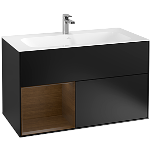 Villeroy und Boch Finion Waschtischunterschrank G030GNPD 99,6x59,1cm, Wandbeleuchtung, Regal links Walnut veneer, Black matt lacquer